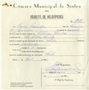 Registo de velocípede de marca Aprilia, com o nº 5021, em nome de Raul Mendes, morador em S. Pedro de Sintra.