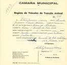 Registo de um veiculo de duas rodas tirado por um animal de espécie cavalar destinado a transporte de mercadorias em nome de António Genovevo Moreira, morador na Quinta da Bela Vista no Cacém.