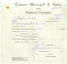 Registo de velocípede de marca Nevada, com o nº 8781, em nome de Ventura da Costa, morador em Cacém.