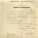 Registo de velocípede, com o nº 416, em nome de Fernando Antunes d'Oliveira, morador em Vale de S. Martinho, Sintra.