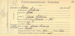 Recenseamento escolar de António Antunes, filho de Marcos Antunes, morador no Penedo.