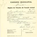 Registo de um veiculo de duas rodas tirado por dois animais de espécie muar destinado a transporte de mercadorias em nome de Manuel Vicente Júnior, morador em Albogas.