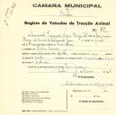 Registo de um veiculo de quatro rodas tirado por um animal de espécie cavalar destinado a transporte de mercadorias em nome de Manuel Joaquim Vieira Borga, morador em Rio de Mouro.