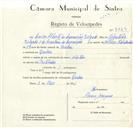 Registo de velocípede com o nº 8863, em nome de Carlos Alberto da Conceição Delgado, morador em Queluz.