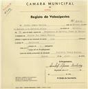 Registo de velocípede de marca A.B., com o nº 2612, em nome de Aníbal Afonso Borlido, morador em Rua Câmara Pestana, Sintra.