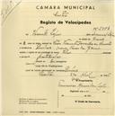 Registo de velocípede de marca Vilar, com o nº 2494, em nome de Vicente Lopes, morador em Rua Vasco da Gama, Queluz.