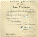 Registo de velocípede com o nº 217, em nome de Fernando Elias Miranda, morador na Rua Conde Ferreira, Sintra.
