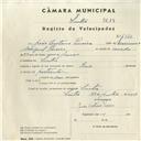 Registo de velocípede de marca Raio, com o nº 4326, em nome de João Caetano Pereira, morador em Sintra.
