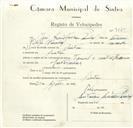 Registo de velocípede de marca Famel, com o nº 9220, em nome de José Guilherme Pombal, morador em Sintra.