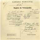 Registo de velocípede com o nº 1329, em nome de Luís Simões, morador em Cacem de Cima.