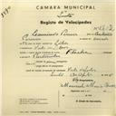 Registo de velocípede de marca Flecha, com o nº 2702, em nome de Laurindo Pereira, morador em Vale de Lobos.