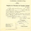 Registo de um veiculo de duas rodas tirado por um animal de espécie bovina destinado a transporte de mercadorias em nome de Pedro Almeida Fernandes, morador na Ribeira de Sintra.