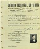 Registo de matricula de velocipedista em nome de Afonso António Franco, morador em Montelavar, com o nº de inscrição 1725.