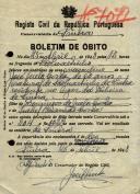 Boletim de óbito de José Melo Costa, morador na Ribeira de Sintra, sepultado no coval nº 7079, do cemitério de S. Marçal.