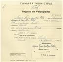 Registo de velocípede de marca Rodarte, com o nº 2629, em nome de Maria Joana dos Reis Valle, moradora em Sintra.