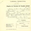 Registo de um veiculo de duas rodas tirado por dois animais de espécie muar destinado a transporte de mercadorias em nome de Joaquim dos Santos Morais, morador em Mem Martins.