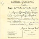 Registo de um veiculo de duas rodas tirado por dois animais de espécie bovina destinado a transporte de mercadorias em nome de Joaquim Domingos Duarte, morador em Arneiro dos Marinheiros.