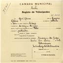 Registo de velocípede com o nº 3052, em nome de José Ribeiro, morador em Almargem do Bispo.