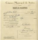 Registo de velocípede de marca Olga, com o nº 8069, em nome de António Paulo, morador em Fontanelas.
