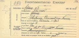Recenseamento escolar de Primo Nunes, filho de António Bernardino Nunes, morador em Almoçageme.