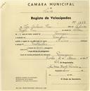 Registo de velocípede de marca Cirius, com o nº 1278, em nome de José Caetano Pires, morador em Terrugem.