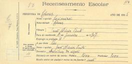 Recenseamento escolar de Casimira Pinto, filha de João Diniz Pinto, moradora nas Azenhas do Mar.