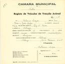 Registo de um veiculo de duas rodas tirado por um animal de espécie muar destinado a transporte de mercadorias em nome de António Lopes, morador no Sabugo.