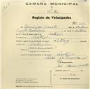 Registo de velocípede de marca Saltley, com o nº 628, em nome de Domingos Duarte, morador em Cortezia.