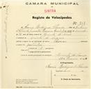 Registo de velocípede de marca Toman, com o nº 858, em nome de Arsénio Rodrigues Almeida, morador em Quinta do Cosme.