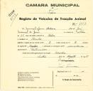 Registo de um veiculo de duas rodas tirado por dois animais de espécie muar destinado a transporte de mercadorias em nome de Manuel de Jesus Abobora, morador na Idanha.
