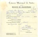 Registo de velocípede com o nº 9557, em nome de António Peres Martinho, morador em Lourel.