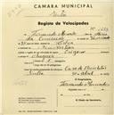 Registo de velocípede de marca Origon, com o nº 1689, em nome de Fernando Moncado, morador em Mem Martins.