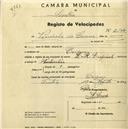 Registo de velocípede de marca L.R.S., com o nº 2140, em nome de Vinícola do Cacém, morador em Cacém.