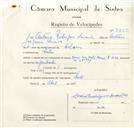 Registo de velocípede de marca Mavic, com o nº 8753, em nome de António Rodrigues Saraiva, morador em Sintra.