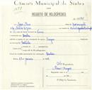 Registo de velocípede com o nº 5574, em nome de Aires Alves, morador em Queluz.