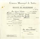 Registo de velocípede de marca Atlântico, com o nº 9492, em nome de Rui Moreira Valentim, morador em Queluz.