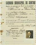 Registo de matricula de velocipedista em nome de Fernando de Barros Serodio, morador em Colares, com o nº de inscrição 960.