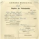 Registo de velocípede de marca Caravela, com o nº 3867, em nome de José Gaspar Jacinto, morador em Codiceira.