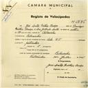 Registo de velocípede de marca Cicles R.P., com o nº 2576, em nome de João Leitão Mateus Caroço, morador em Cabecinha.