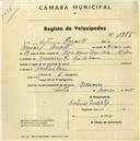 Registo de velocípede com o nº 1375, em nome de António Duarte, morador em Recoveiro.
