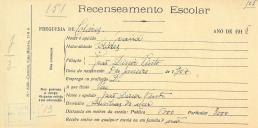 Recenseamento escolar de Joana Pinto, filha de João Diniz Pinto, moradora nas Azenhas do Mar.