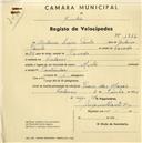 Registo de velocípede com o nº 1822, em nome de António Luís Paulo, morador em Colares.