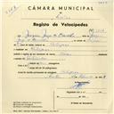 Registo de velocípede de marca Cycles, com o nº 3876, em nome de Joaquim Jorge de Carvalho, morador em Cortegaça.
