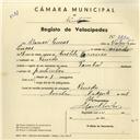 Registo de velocípede de marca Pombal, com o nº 3790, em nome de Manuel Lucas, morador em Penedo.
