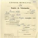 Registo de velocípede de marca Champion, com o nº 3857, em nome de Francisco Nicolau, morador em Sintra.