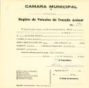 Registo de um veiculo de duas rodas tirado por um animal de espécie asinina destinado a transporte de mercadorias em nome de Panificação Oeste,Ldª. sediada em Pero Pinheiro. 