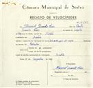 Registo de velocípede de marca Dem, com o nº 9443, em nome de Manuel Duarte Raio, morador em Sintra.