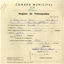 Registo de velocípede de marca Oriental, com o nº 4258, em nome de António Tavares Inácio, morador em Sabugo.