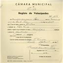 Registo de velocípede de marca Olympique, com o nº 3899, em nome de Arnaldo Amorim Pires, morador em Vila Verde.