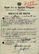 Boletim de óbito de Manuel Nunes Diogo, morador no Casal de Vale de Milho, sepultado no coval nº 7088, do cemitério de S. Marçal.